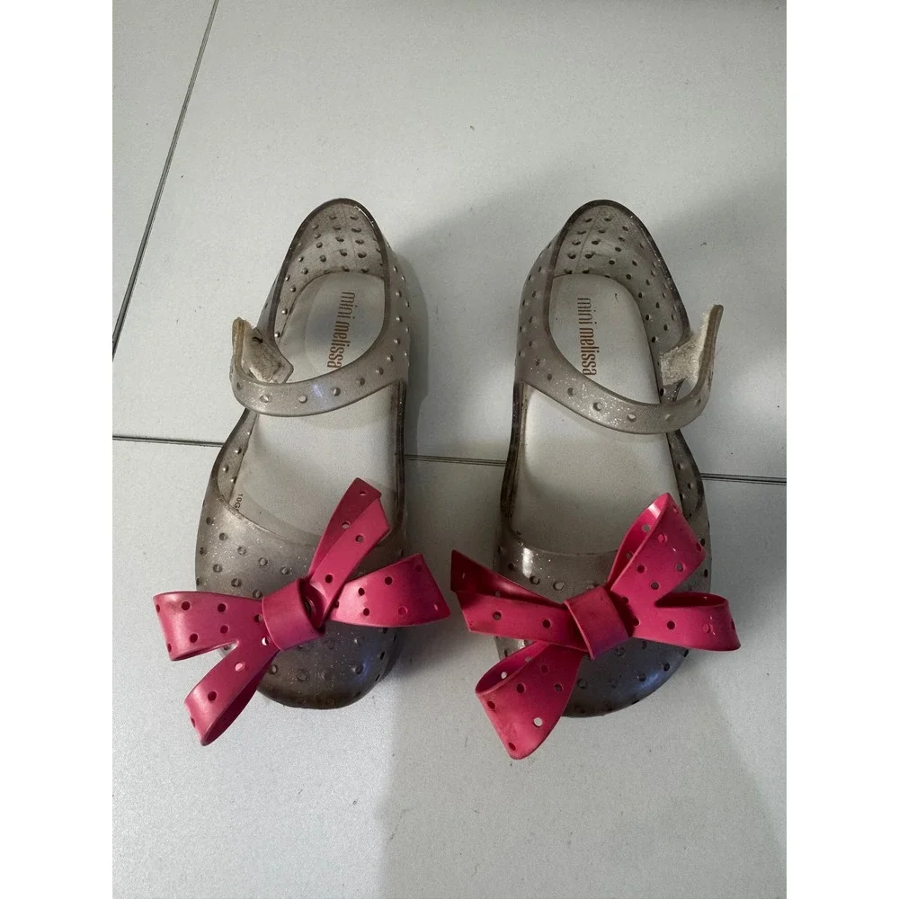Mini Melissa Jelly Mary Jane Shoes Kids Size 9 Glitter Silver Pink Bow
